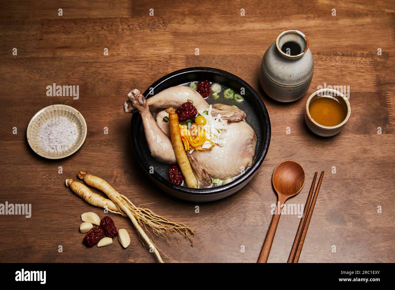 korean traditional food samgyetang, chicken soup with ginseng with