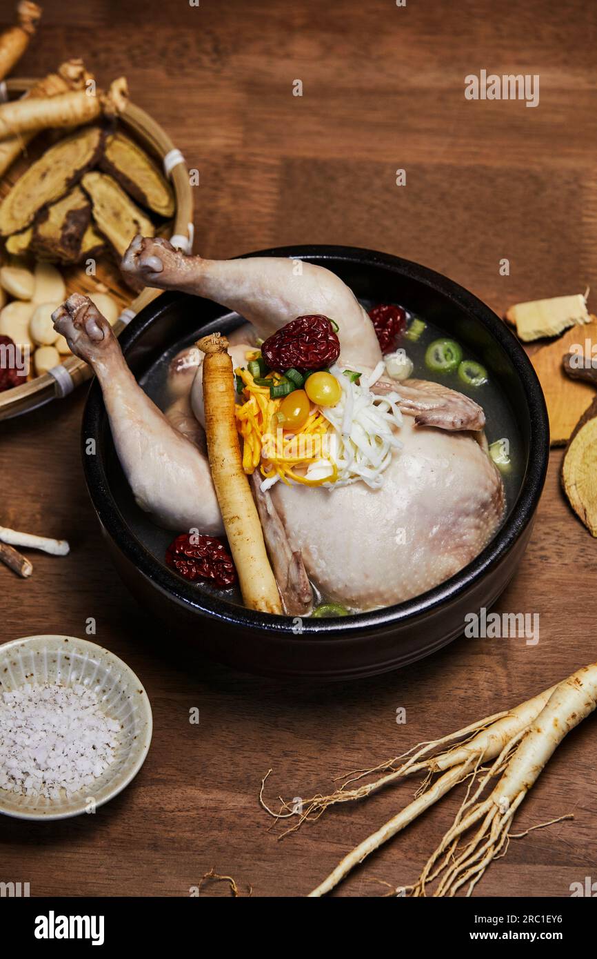 korean traditional food samgyetang, chicken soup with ginseng and herbs