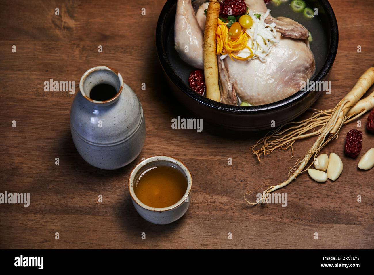 korean traditional food samgyetang, chicken soup with ginseng with
