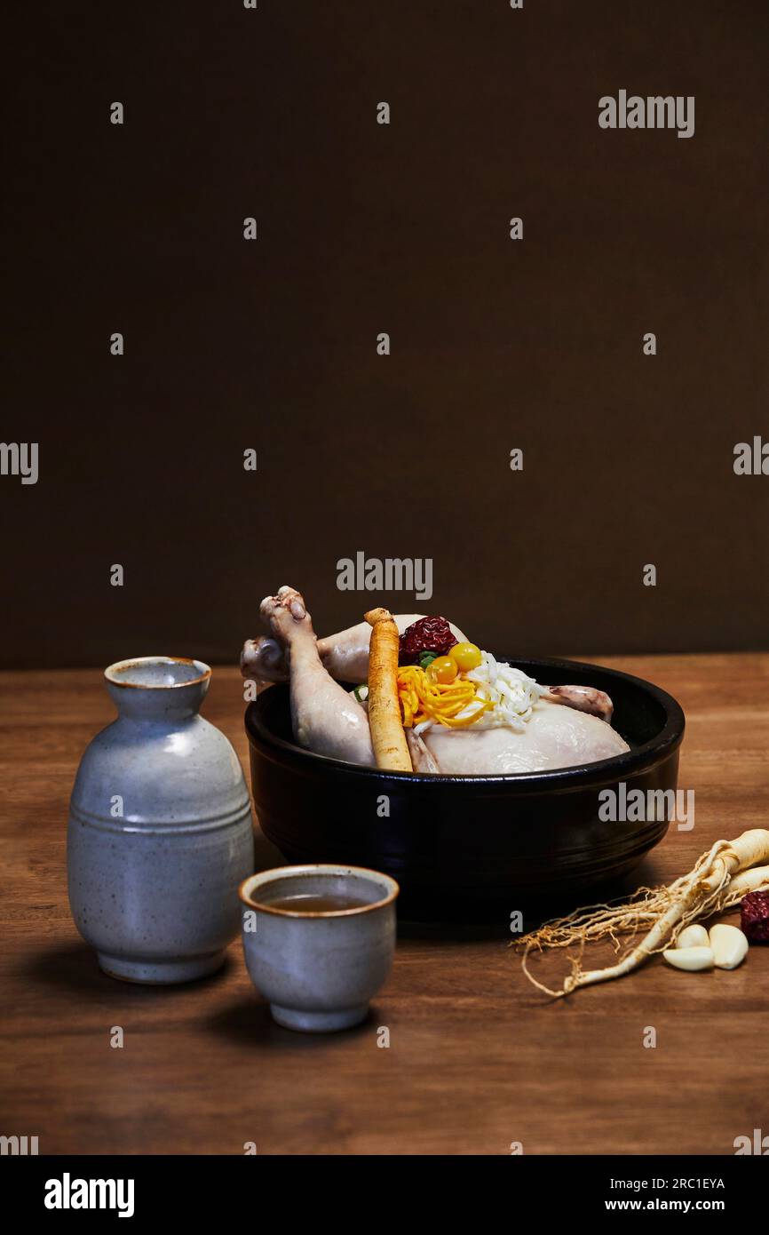 korean traditional food samgyetang, chicken soup with ginseng with
