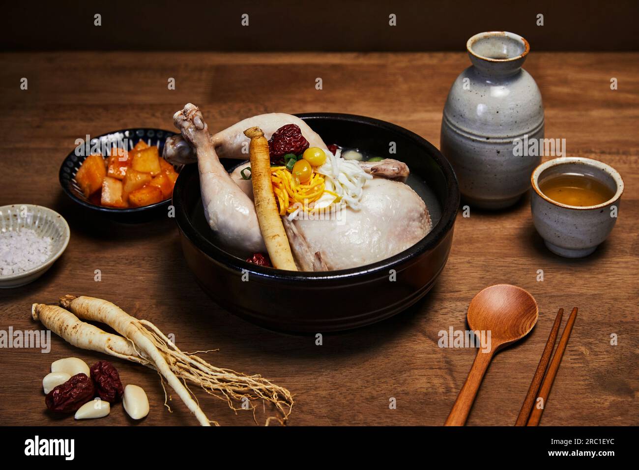 korean traditional food samgyetang, chicken soup with ginseng with