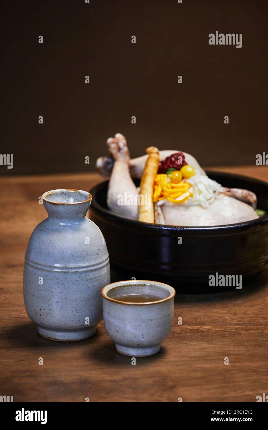 korean traditional food samgyetang, chicken soup with ginseng with