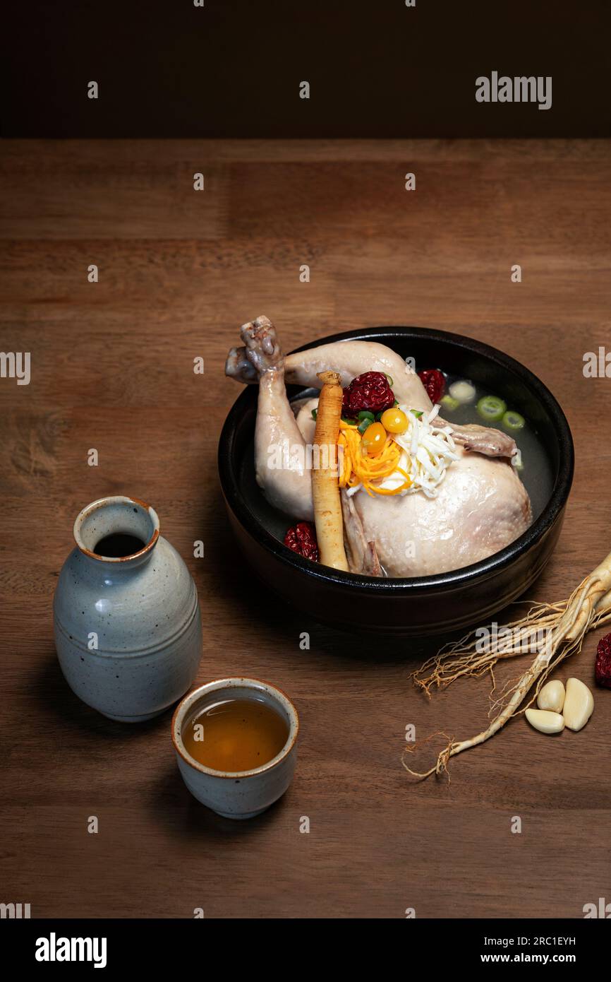 korean traditional food samgyetang, chicken soup with ginseng with