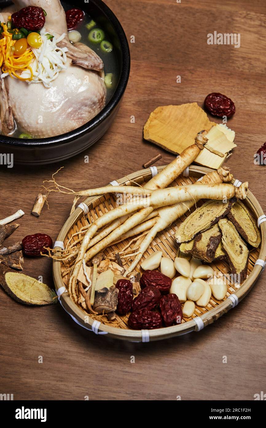 korean traditional food samgyetang, chicken soup with ginseng and herbs