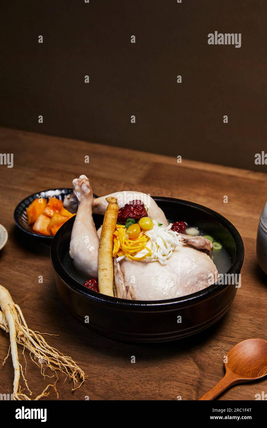 korean traditional food samgyetang, chicken soup with ginseng with