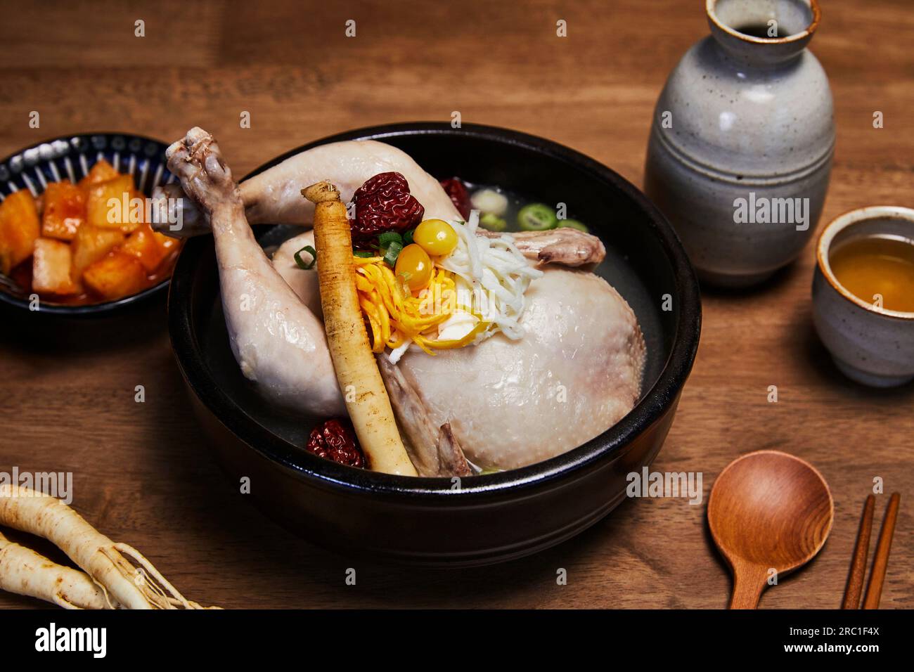 korean traditional food samgyetang, chicken soup with ginseng with