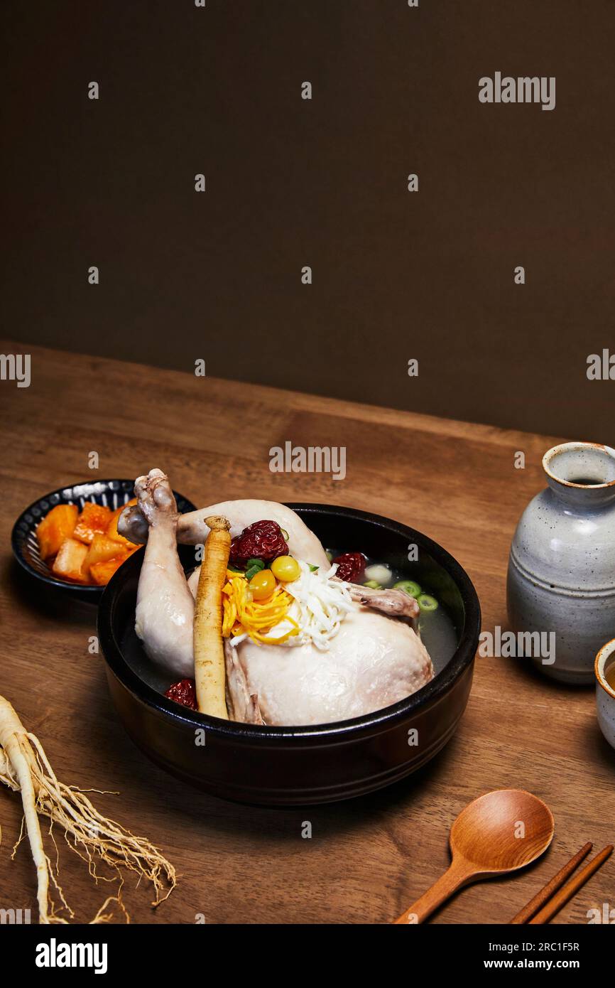 korean traditional food samgyetang, chicken soup with ginseng with