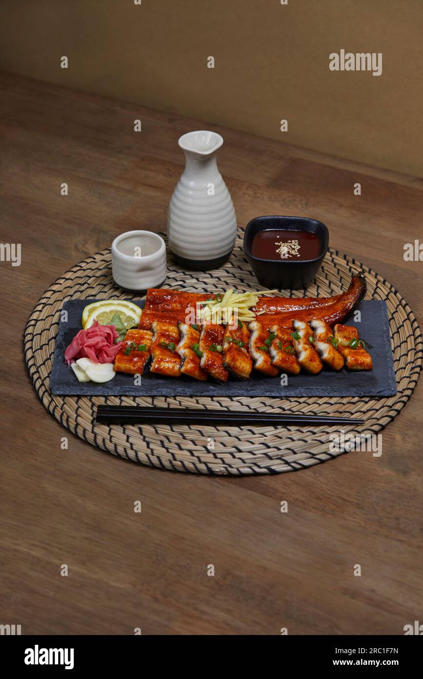 korean traditional food, grilled eel with korean traditional alcohol