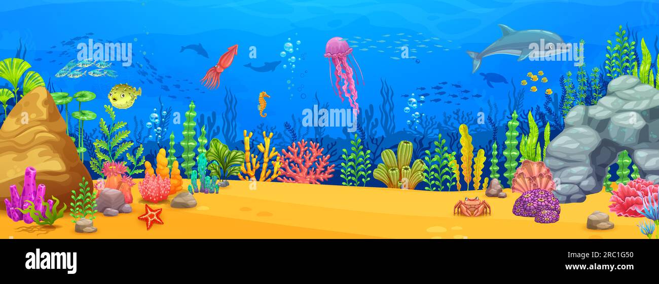 Cartoon underwater landscape with sea animals for game level background ...