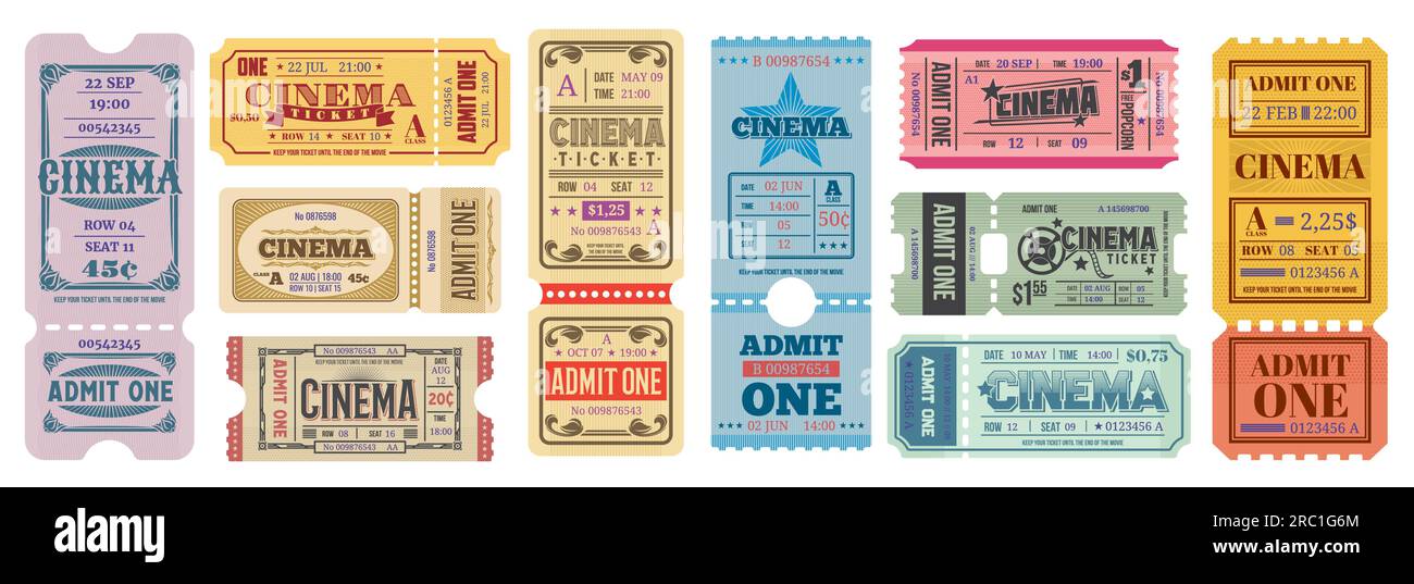 Old vintage movie cinema tickets. Admit one retro coupon vector templates with film reels and stars. Movie theater show paper ticket stubs, cinema festival event admission and entrance pass set Stock Vector