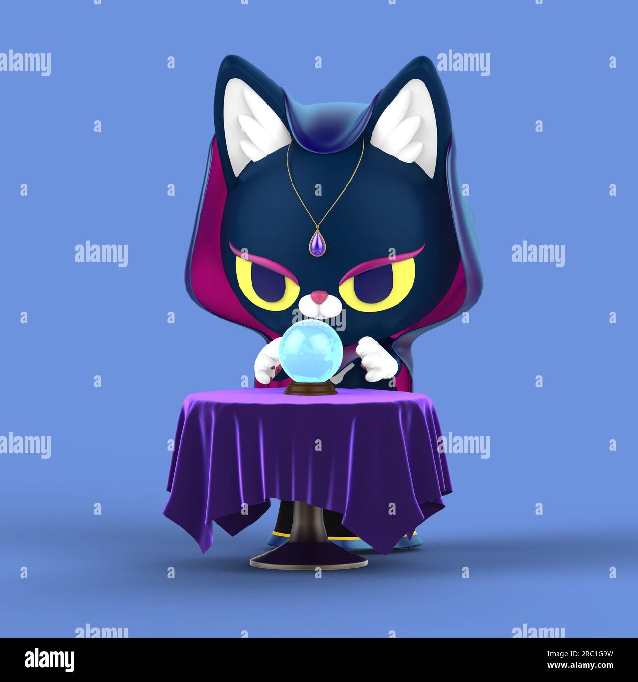 3d character, fortune-telling cat with crystal ball Stock Photo