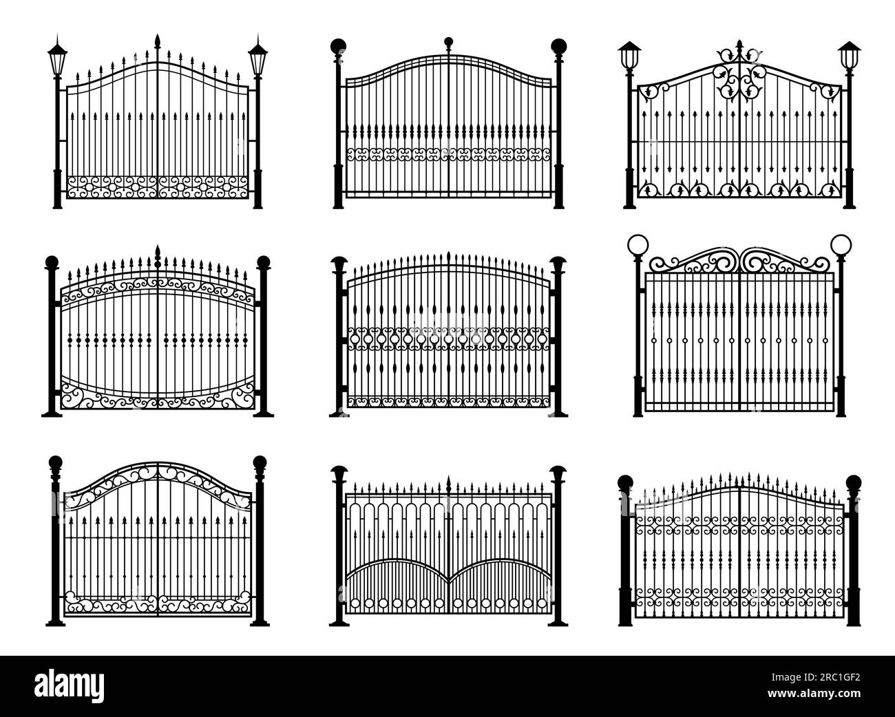 Iron gate, wrought metal fence, steel wrought door with ornate forgings. Vector antique garden or park entrance gates of black frames, grills and rails with forged ornaments, light poles and pillars Stock Vector