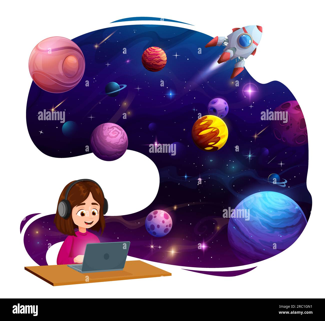 Child girl sitting with laptop and dreaming about space and galaxy
