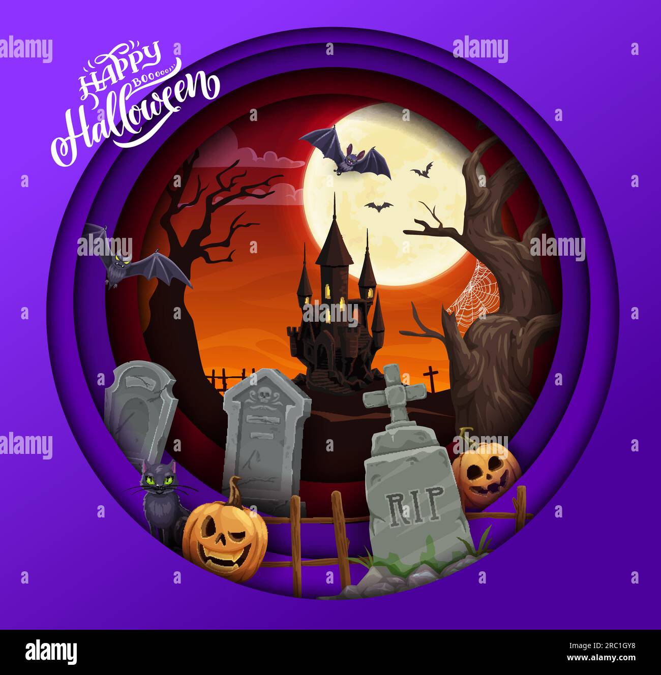 Halloween paper cut cartoon cemetery, castle and pumpkins. Vector background with 3d effect round papercut frame, haunted house, graveyard tombstones, trees, bats, moon and funny black cat at night Stock Vector