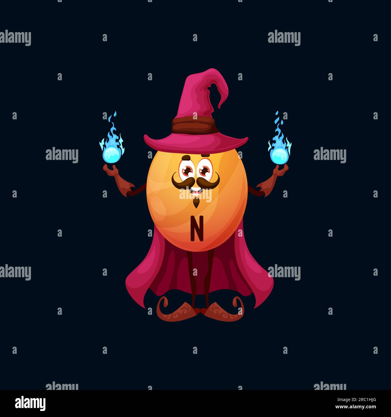 Cartoon vitamin N mage character. Lipoic acid capsule holding magic