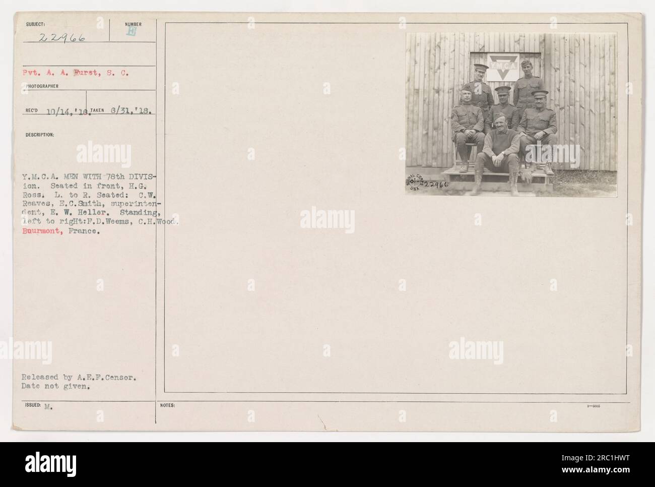 YMCA men with the 78th Division in Buurmont, France. Seated in front is H.G. Ross, and left to right: C.W. Reaves, E.C. Sutth (superintendent), E.W. Hellor. Standing, left to right: F.D. Weems, C.H. Wood. The photograph was taken on August 31, 1918, received on October 14, 1918, and released by the A.E.F. Censor. Caption code is 111-SC-22966 BUBIECT 22966. Stock Photo