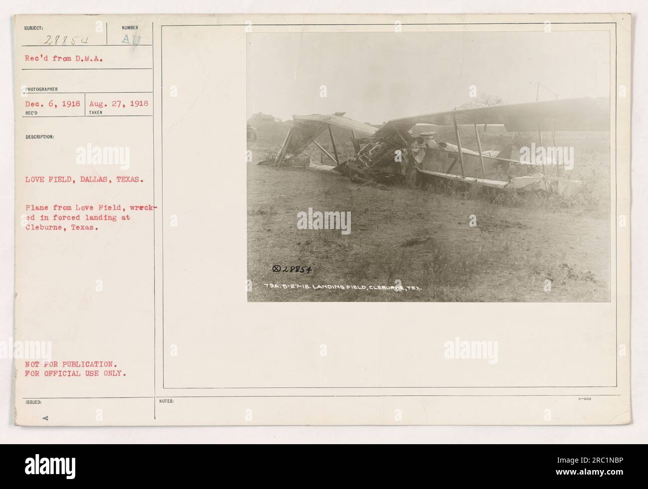 Image shows a wrecked plane from Love Field, Dallas, Texas, after a