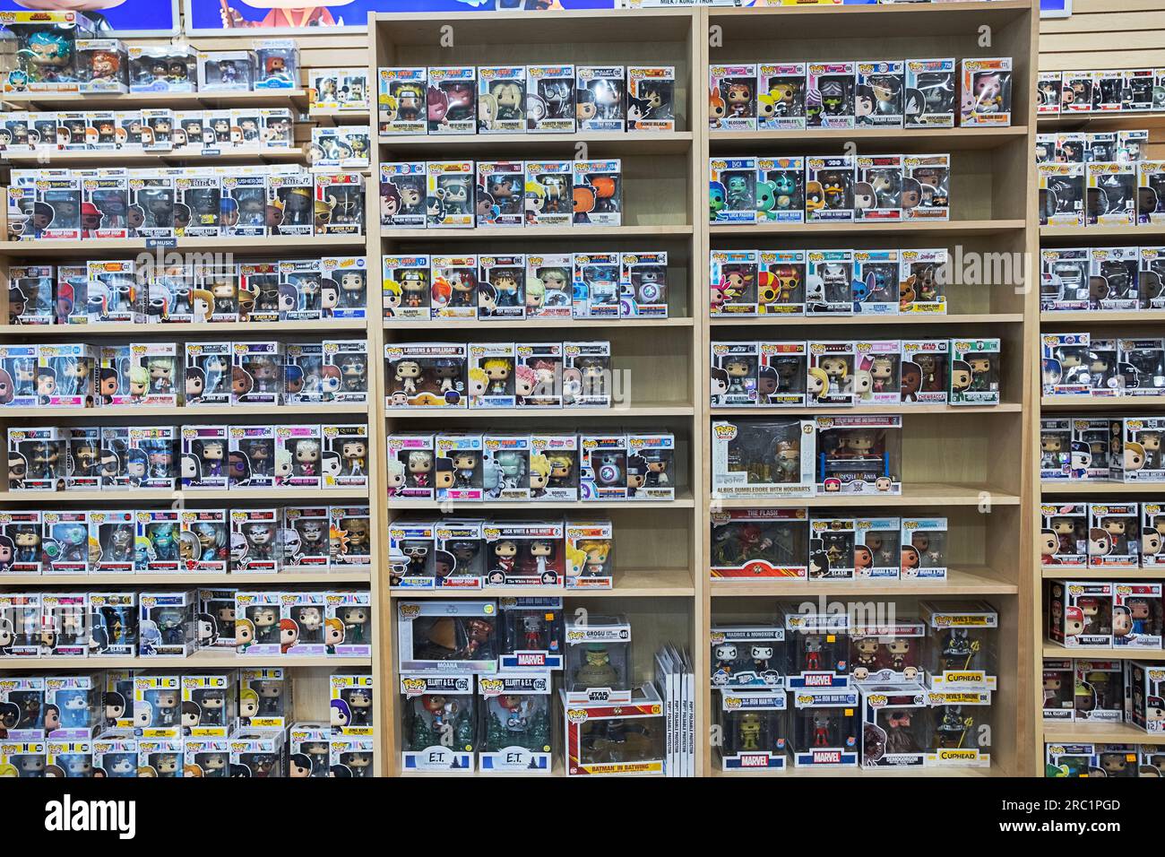 A large selection of Funko Pop figurines for sale at Newbury Comics, a store in the Danbury Fair
