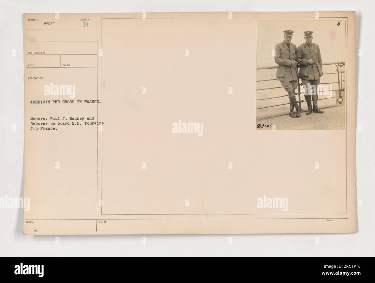 Mr. Paul J. Rainey and Mr. Osborne aboard the S.S. Touraine en route to France as part of the American Red Cross in France. This photo was issued by NUMA and taken by the subject photographer. Notes indicate a date of 2005. Stock Photo
