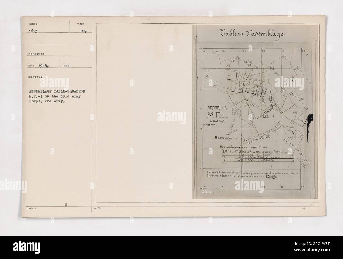 Soldiers of the 33rd Army Corps, 2nd Army, are seen gathered around an assembly table. The photograph captures the squadron M.F.-1 OP of the 33rd Army Corps. The image was taken in 1918 by photographer ACO. Additional details note the involvement of Escadrille M.E.1. BB and reference numbers pertaining to reconnaissance activities. Stock Photo