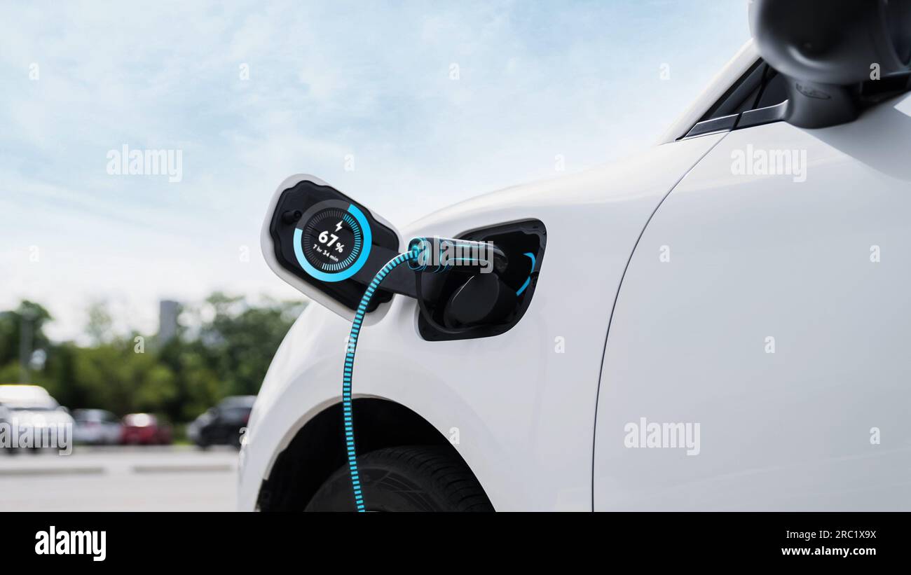 Electric car recharge with EV charger at futuristic car park