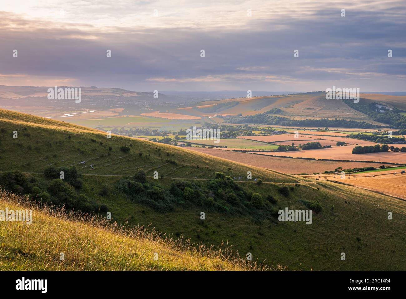 July sunset from Firle beacon on the south downs in east Sussex south east England UK Stock Photo