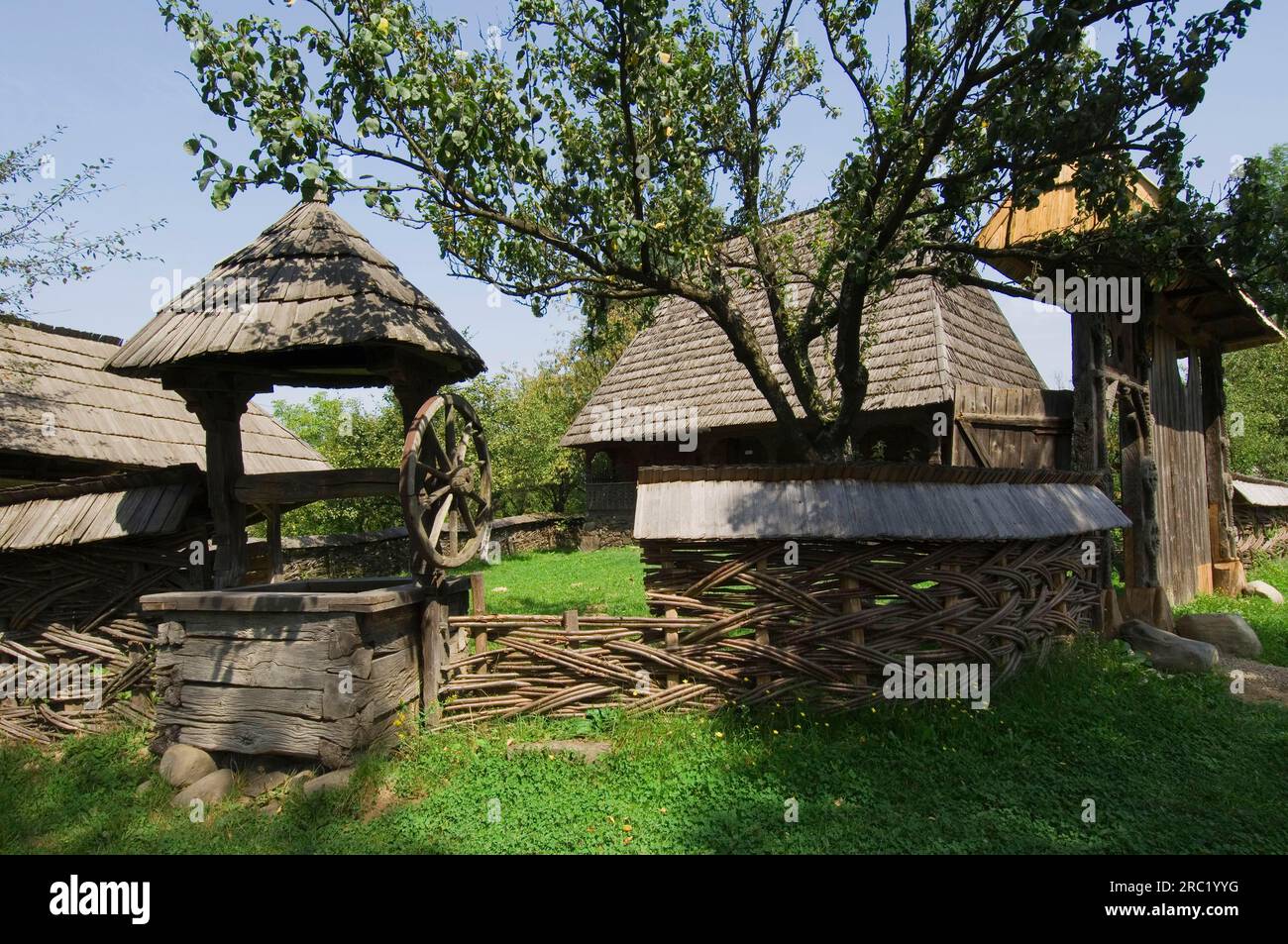 Wooden fountain, Ethnographic Museum, Sighetu Marmatiei, Maramures, Romania Stock Photo