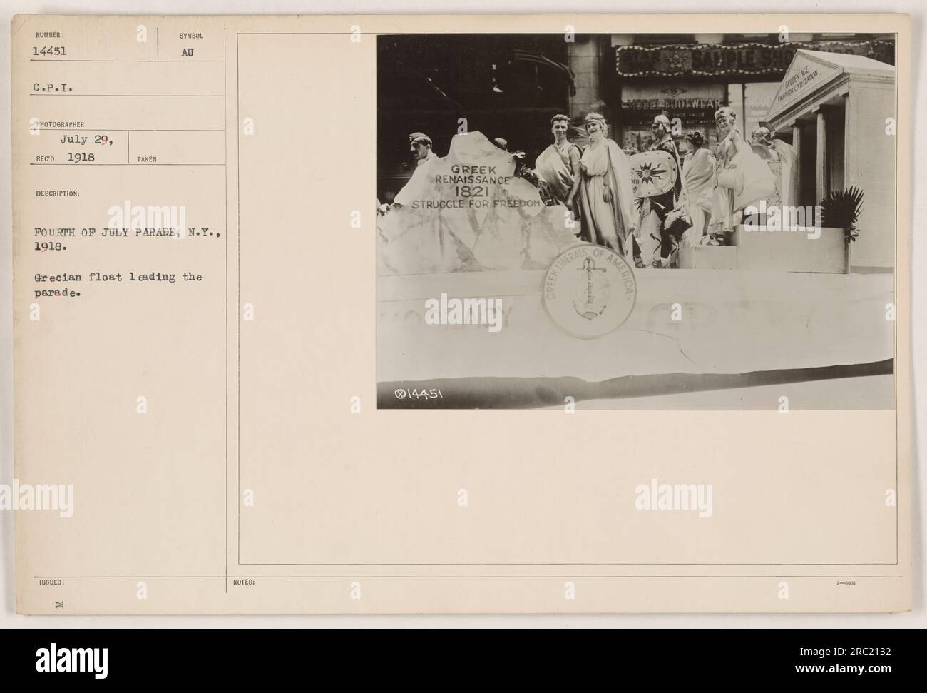 'Greek float leading the Fourth of July parade in New York, 1918. The float symbolizes the Greek struggle for freedom and democracy during the Greek Renaissance of 1821. Photo captured by a CPI photographer. Image number 14451 in the collection of American Military Activities during World War One.' Stock Photo