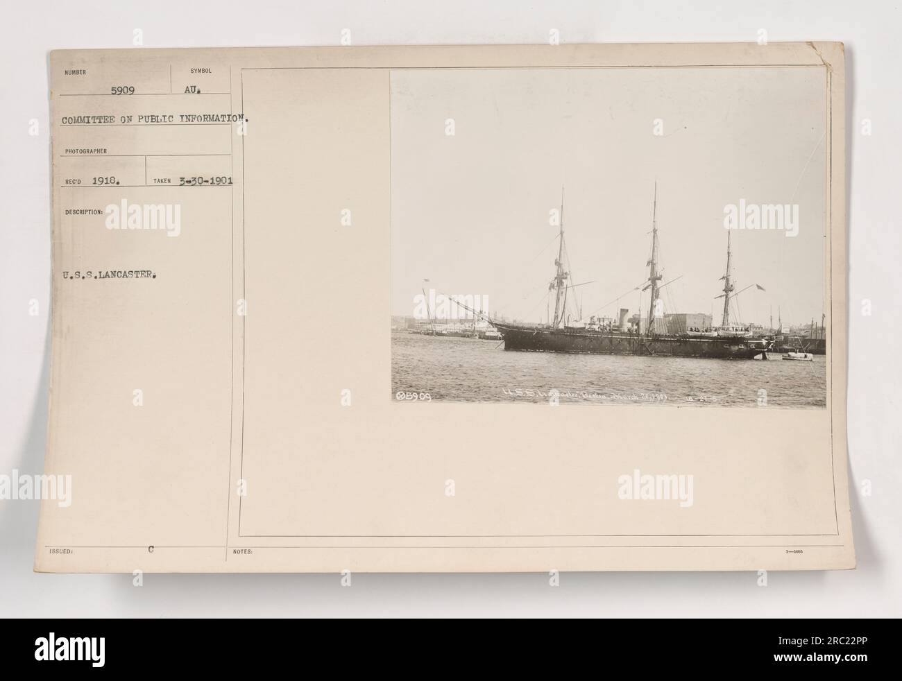 USS Lancaster, photographed by number 5909 from the Committee on Public Information, Red 1910. This image captures the symbol of the U.S.S. Lancaster. The photograph was taken on March 30, 1901, and is accompanied by the note '888.' Stock Photo