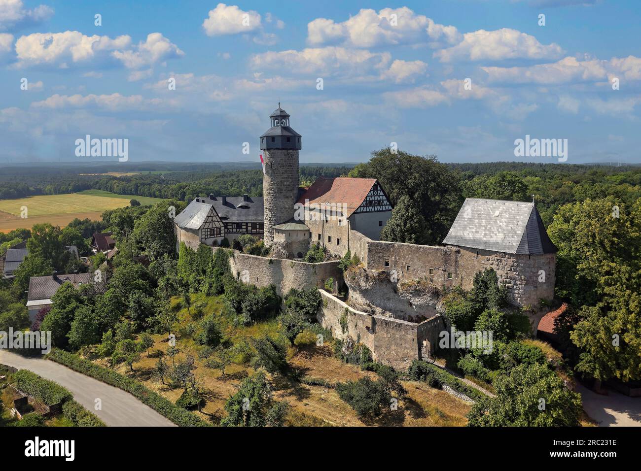 Aerial view, Zwernitz Castle, originally mid-12th century.present appearance 16th and 17th century, built in the rock garden of Sanspareil, English Stock Photo