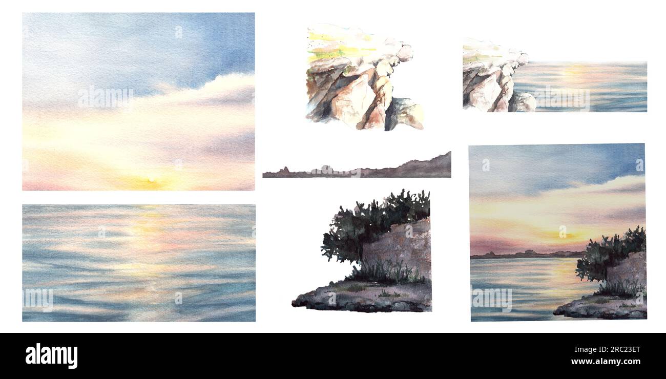 Watercolor landscape illustration Set Hand drawn background sunset on the sea, pier, wall and tree Stock Photo