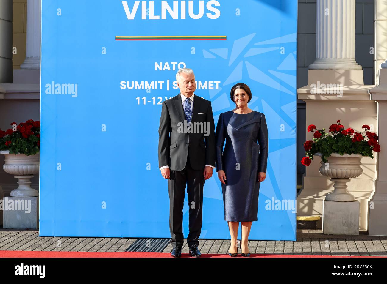 Vilnius, Lithuania. 11th July, 2023. President of Lithuania, Gitanas Naus?da and his wife Diana Naus?dien? wait to welcome guests for a social dinner during the high level NATO summit. The President of Lithuania hosts the dinner for world leaders at the Presidential Palace. The summit agenda covers Ukraine's bid to join the organisation, the accession process of Sweden, boosting arms stockpiles and reviewing plans. Credit: SOPA Images Limited/Alamy Live News Stock Photo