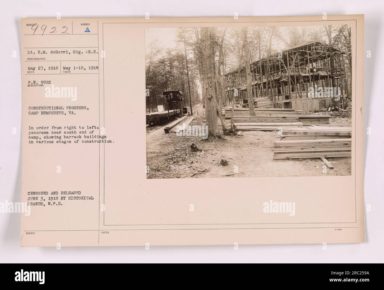 Panoramic view of a construction site at Camp Humphreys, VA. The image, taken on May 27, 1918, shows barracks buildings in various stages of construction, from right to left. The photograph was censored and released on June 3, 1918, by the Historical Branch, W.P.D. Photographer Lt. E.M. deBerri, Sig. R.C. captured the image. Stock Photo
