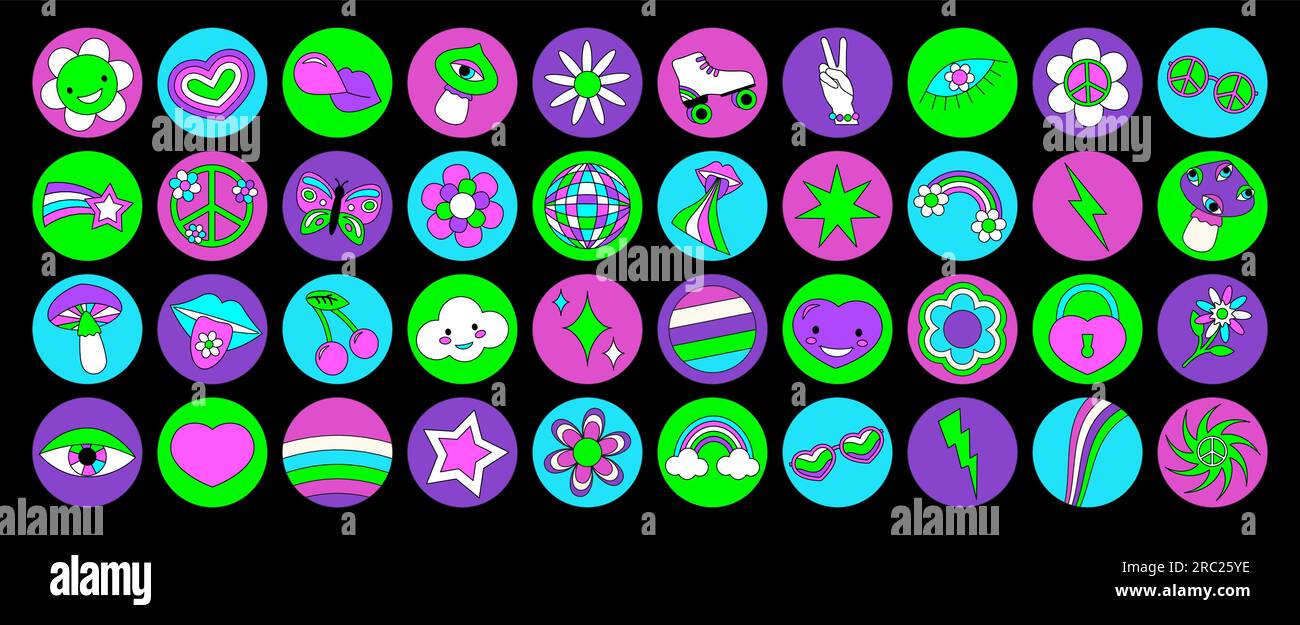 Groovy hippie circle sticker 70s set. Funny cartoon bright neon colors - flower, love, rainbow, peace, heart, daisy, mushroom, eye. Psychedelic pack Stock Vector