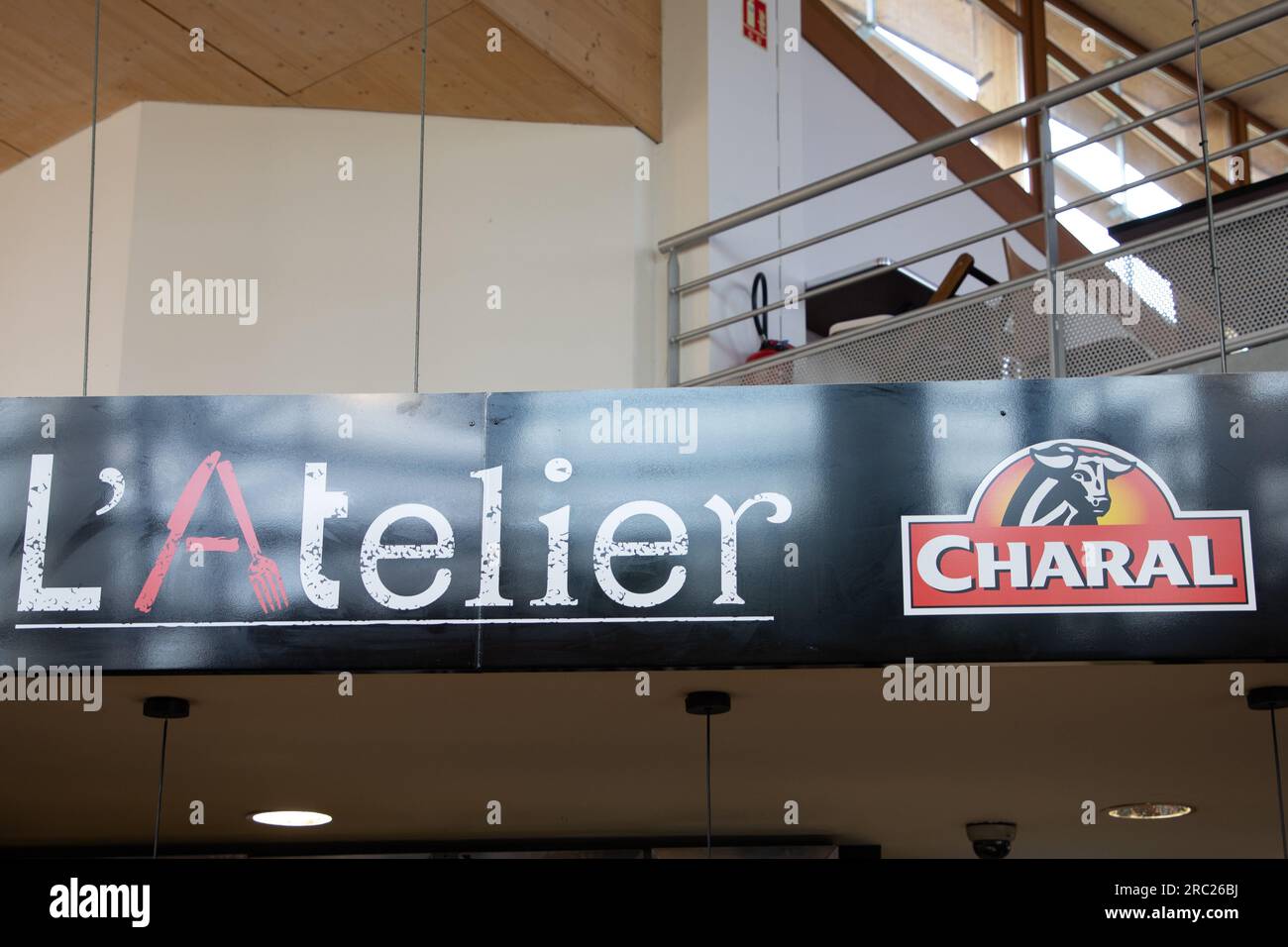 Bordeaux , France - 07 10 2023 : charal l'atelier logo brand and text sign chain highway restaurant marketing butcher stand for industrial meal Stock Photo