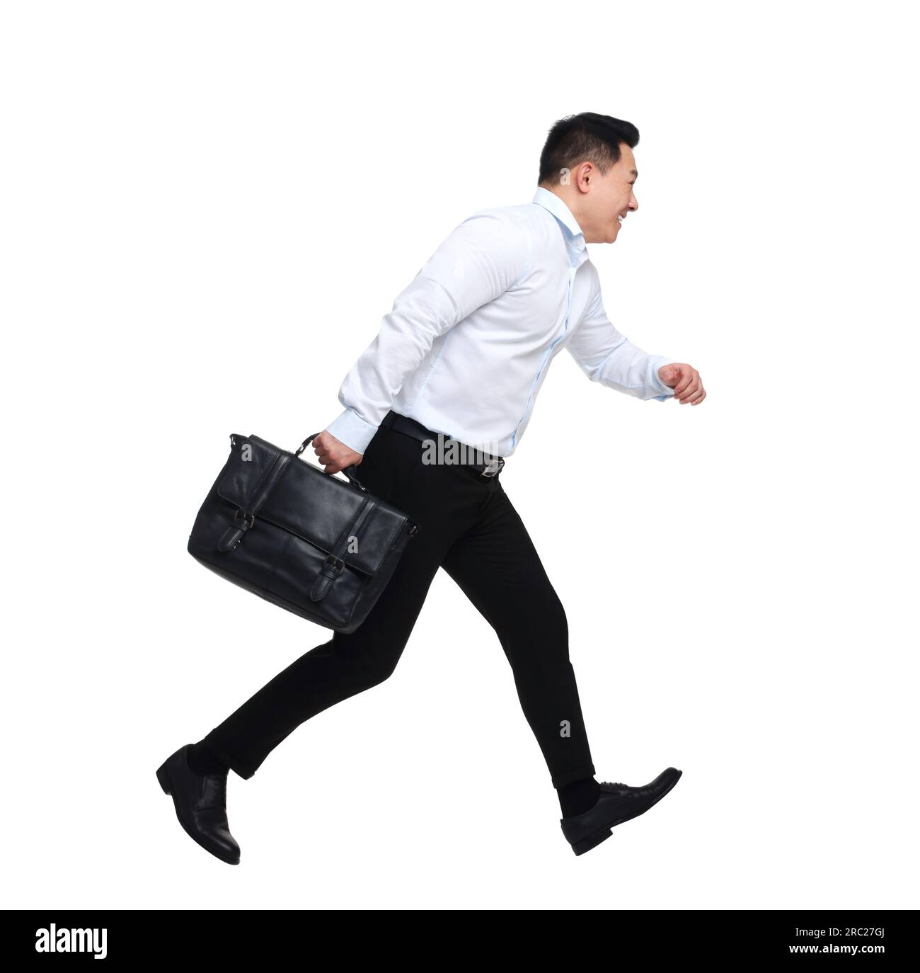 Businessman with briefcase running on white background Stock Photo - Alamy