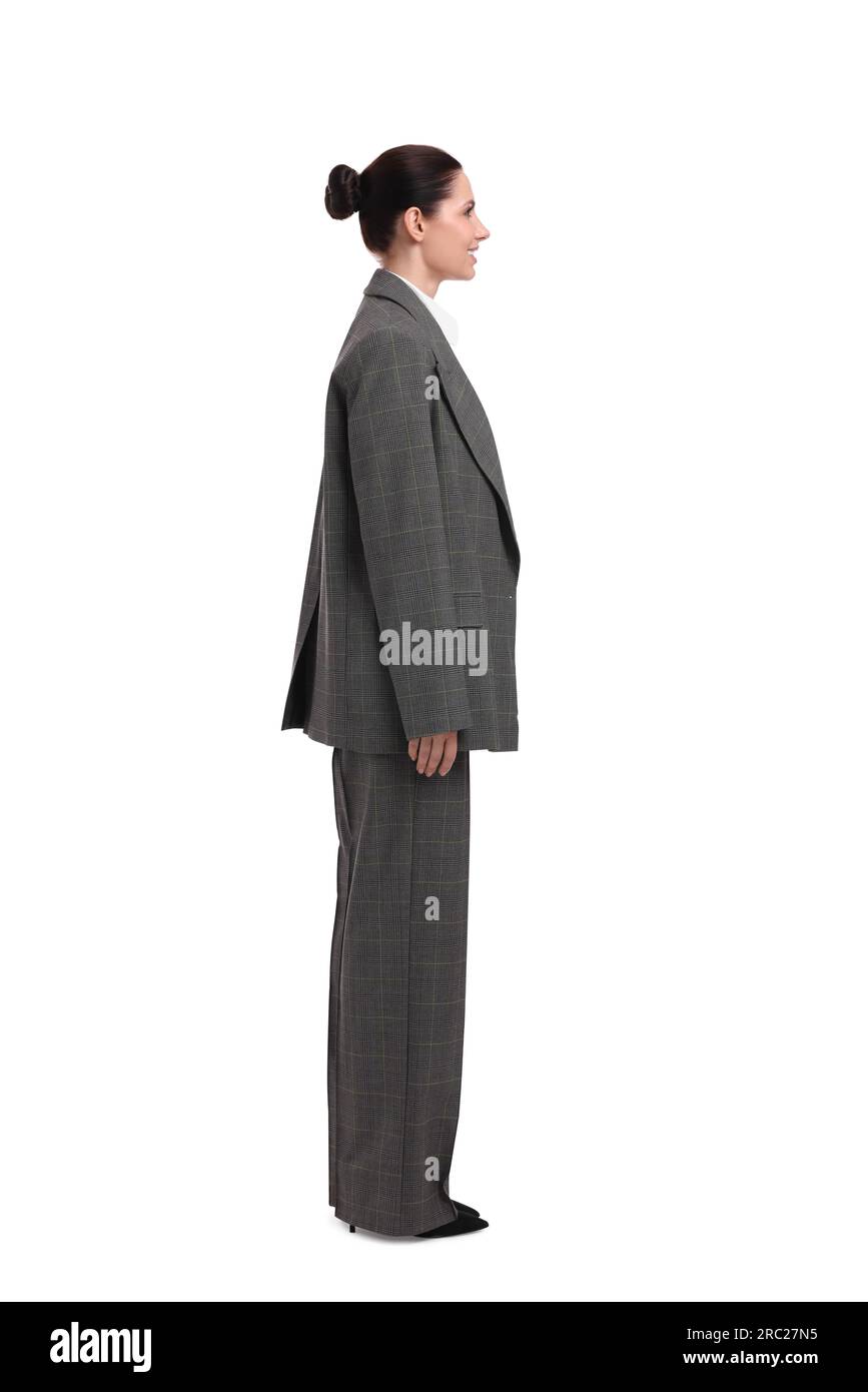 Beautiful young businesswoman in suit on white background Stock Photo ...