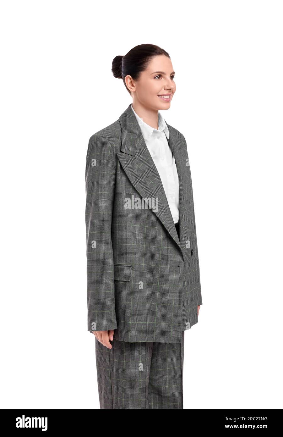 Beautiful young businesswoman in suit on white background Stock Photo ...