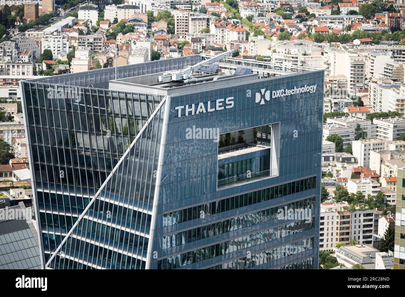 Paris, France. 11th July, 2023. Aerial view of the Thales tower in Paris' La Defense business