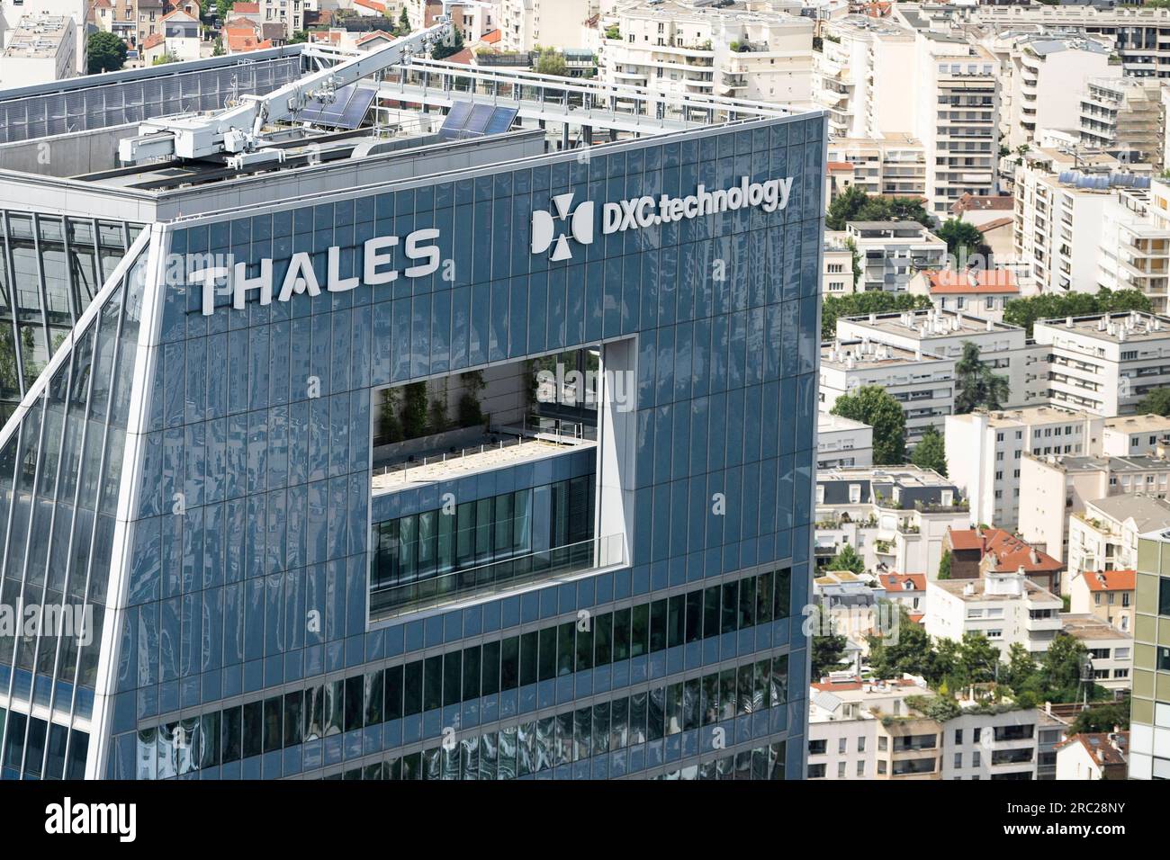 Paris, France. 11th July, 2023. Aerial view of the Thales tower in Paris' La Defense business