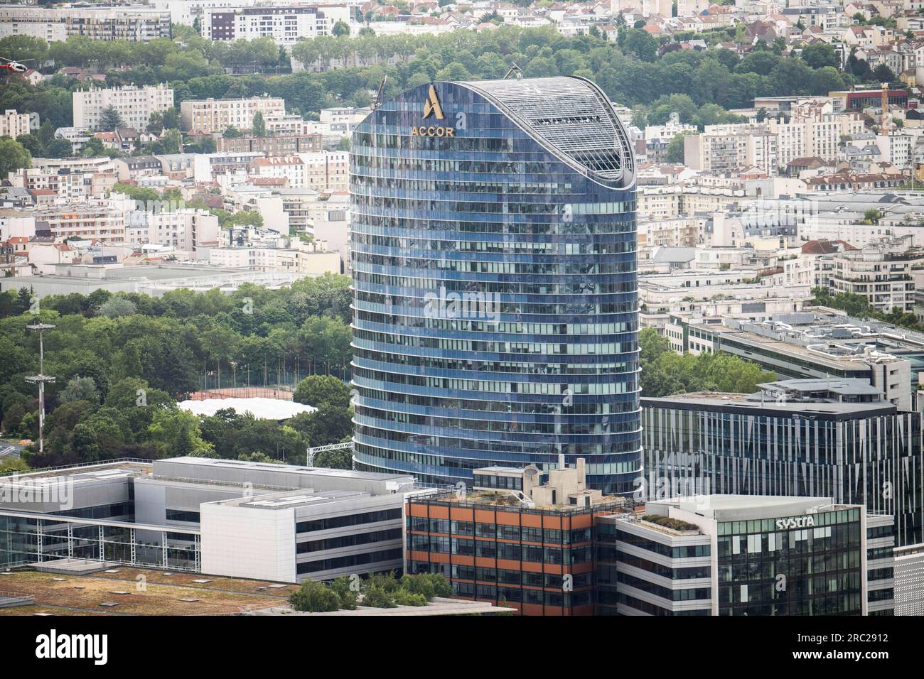 Paris, France. 11th July, 2023. Aerial view of the Accor tower in Paris ...