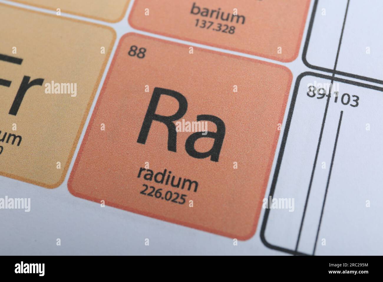 Symbol Radium on periodic table of chemical elements, closeup view