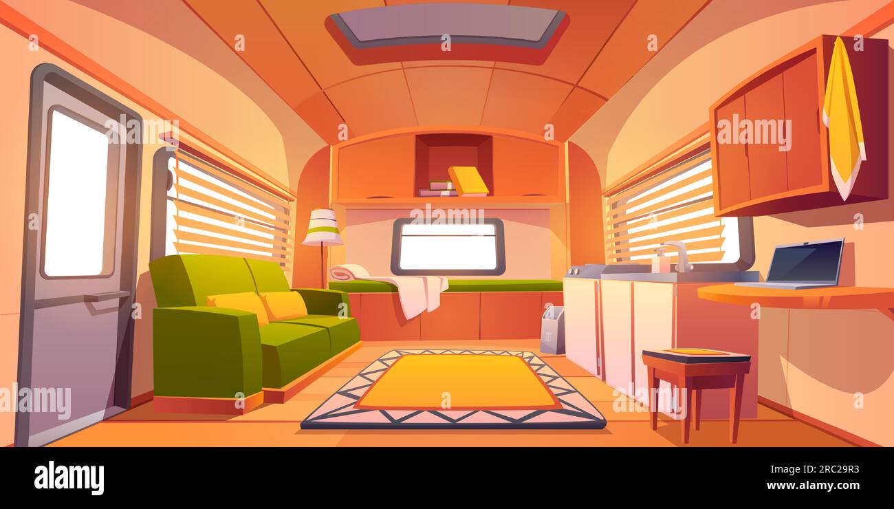 Camping trailer car interior with bed, couch, sink, desk with laptop, bookshelf and jalousie on windows. Rv motor home room inside view, cozy place for living and sleeping, Cartoon vector illustration Stock Vector