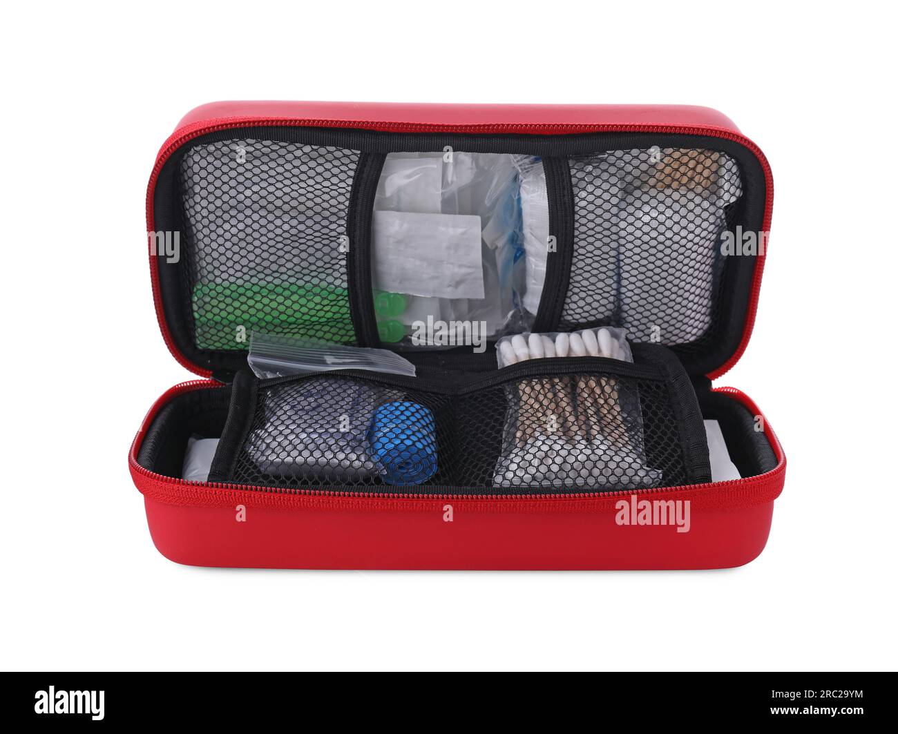 Red first aid kit with cotton buds and elastic bandage isolated on