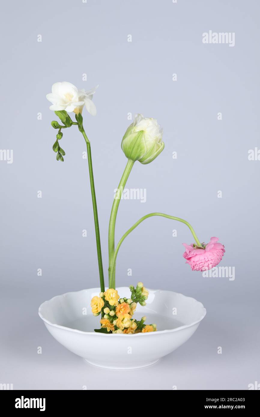 Stylish ikebana as house decor. Beautiful fresh flowers on white