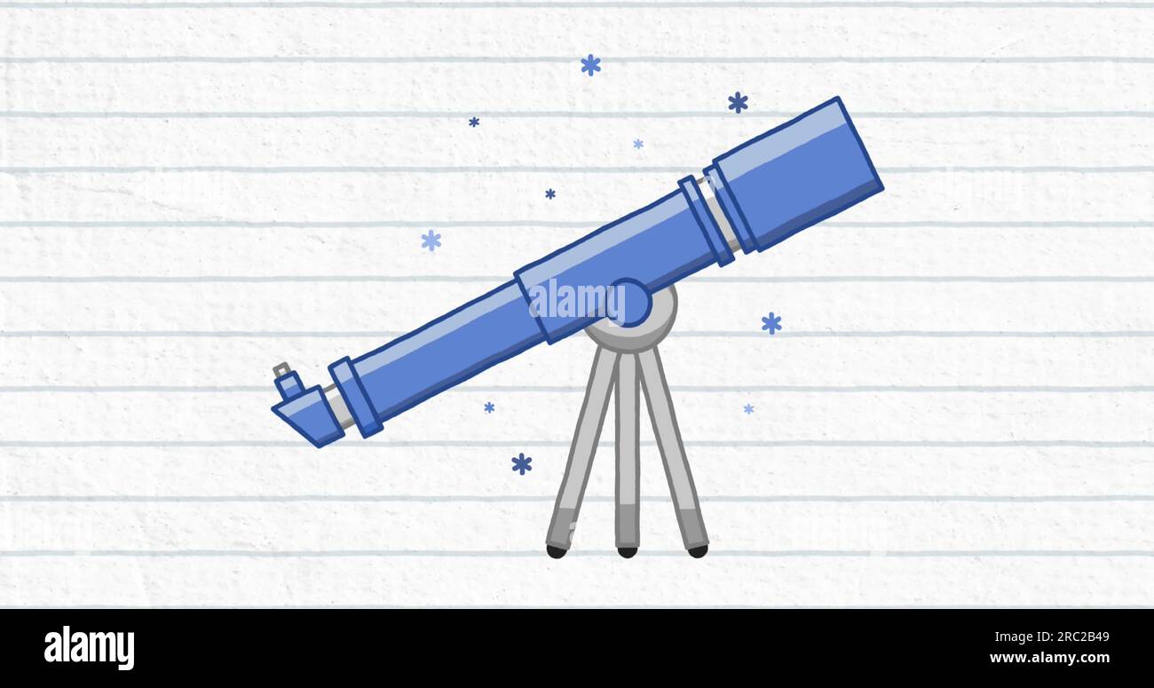 Image of telescope and star icons against white lined paper background Stock Photo
