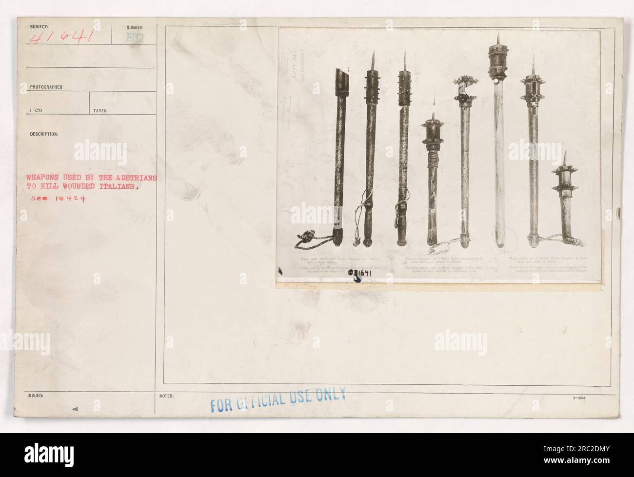 Image: The photograph shows a collection of weapons used by the Austrians to kill wounded Italians during World War One. The weapons appear to be in various stages of disrepair. This image is considered for official use only, with the identification number 31641 1-4. Stock Photo