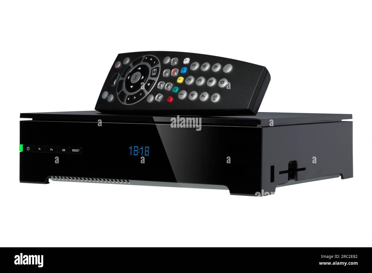 Tv decoder and remote control set isolated on white background Stock ...