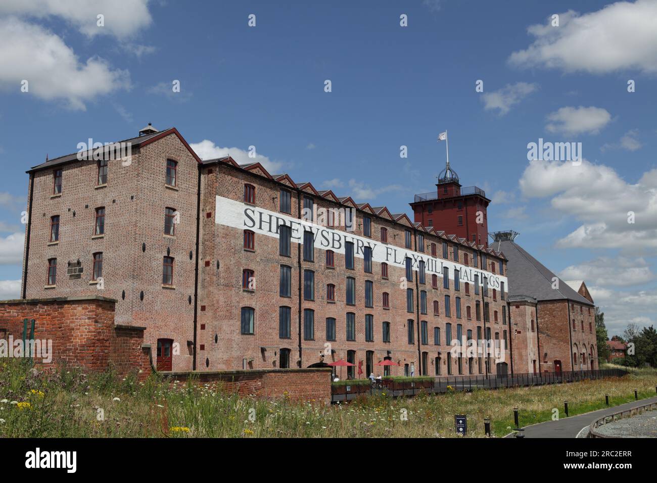 External elevation of the recent restoration of Shrewsbury Flaxmill Maltings. The building was the world's first iron-framed building. Stock Photo