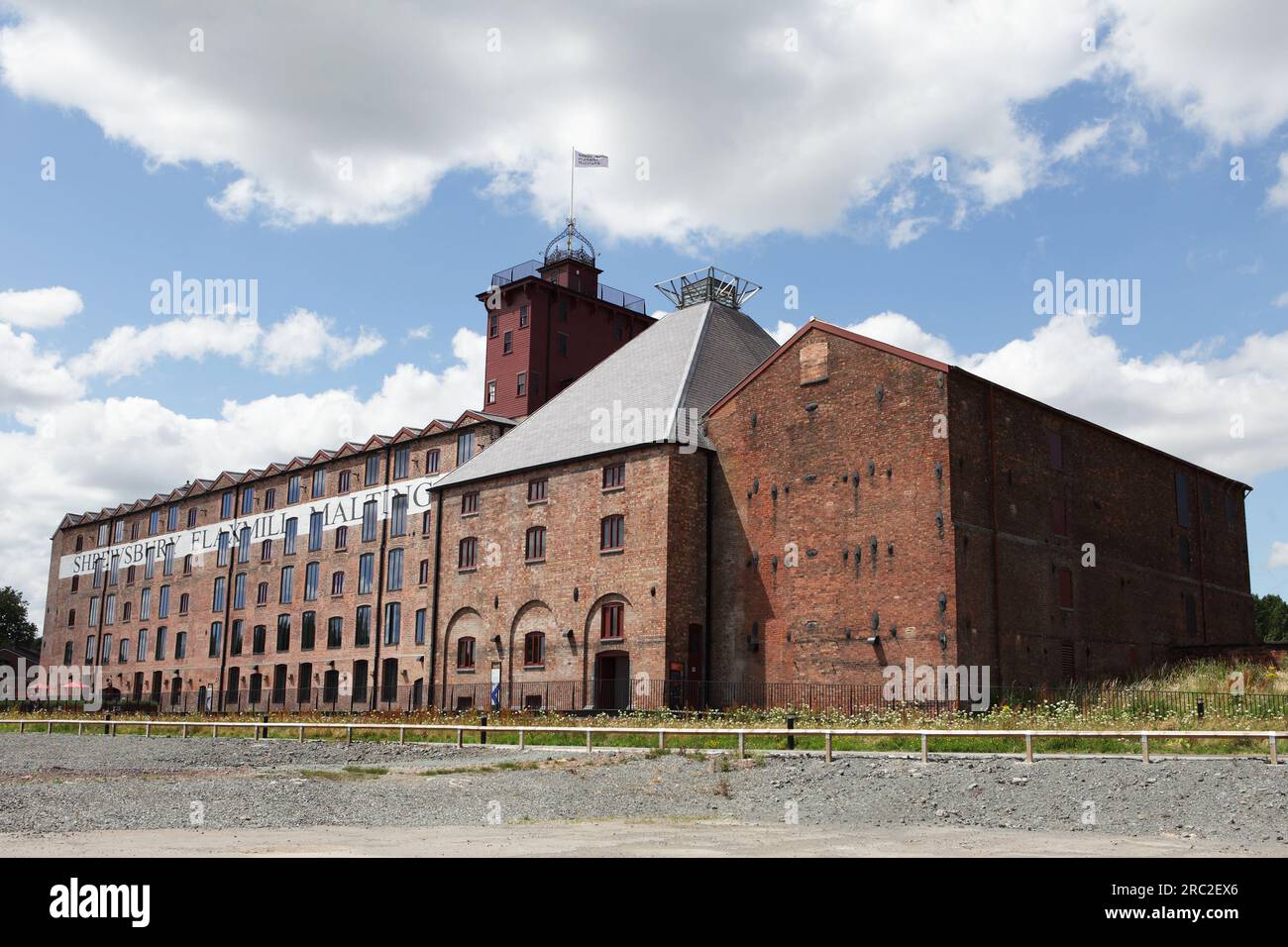 External elevation of the recent restoration of Shrewsbury Flaxmill Maltings. The building was the world's first iron-framed building. Stock Photo